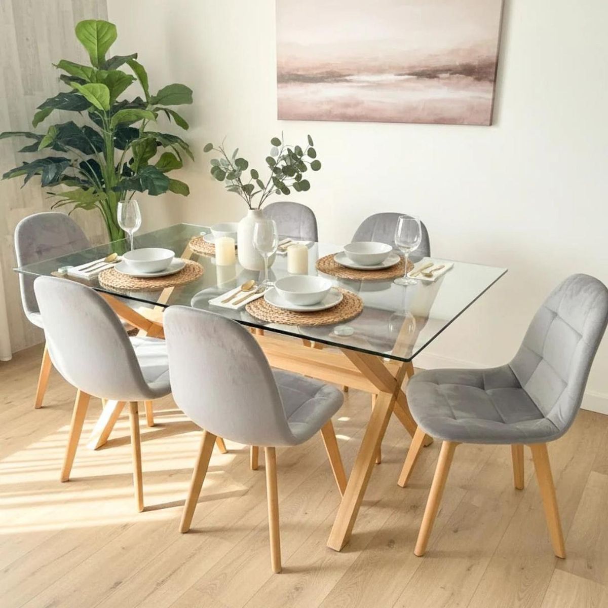 PANDALINO - Comedor Mesa Xinia 140x90 + 6 Sillas Vorak Velvet Gris