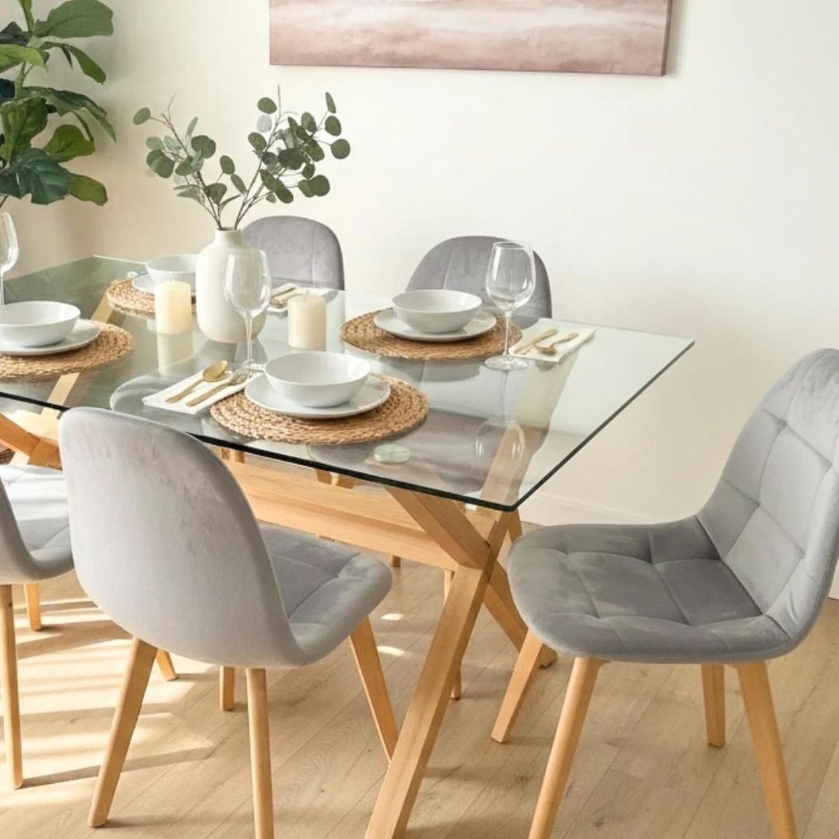 PANDALINO - Comedor Mesa Xinia 140x90 + 6 Sillas Vorak Velvet Gris