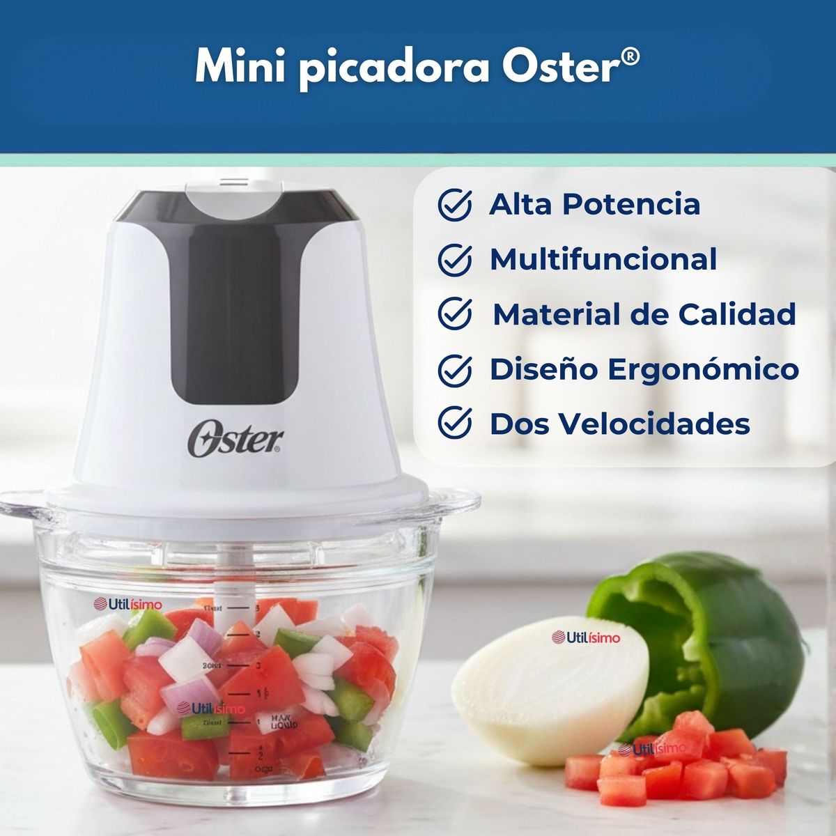 OSTER - Mini picadora Oster® 3 tazas con tazón de vidrio FPSTFP3340 Versión 2026
