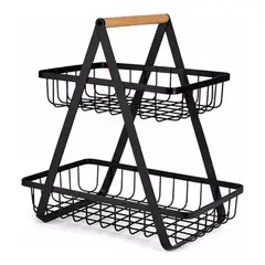 GENERICO - FRUTERA DOBLE DE METAL CON MANGO DE MADERA COLOR NEGRO