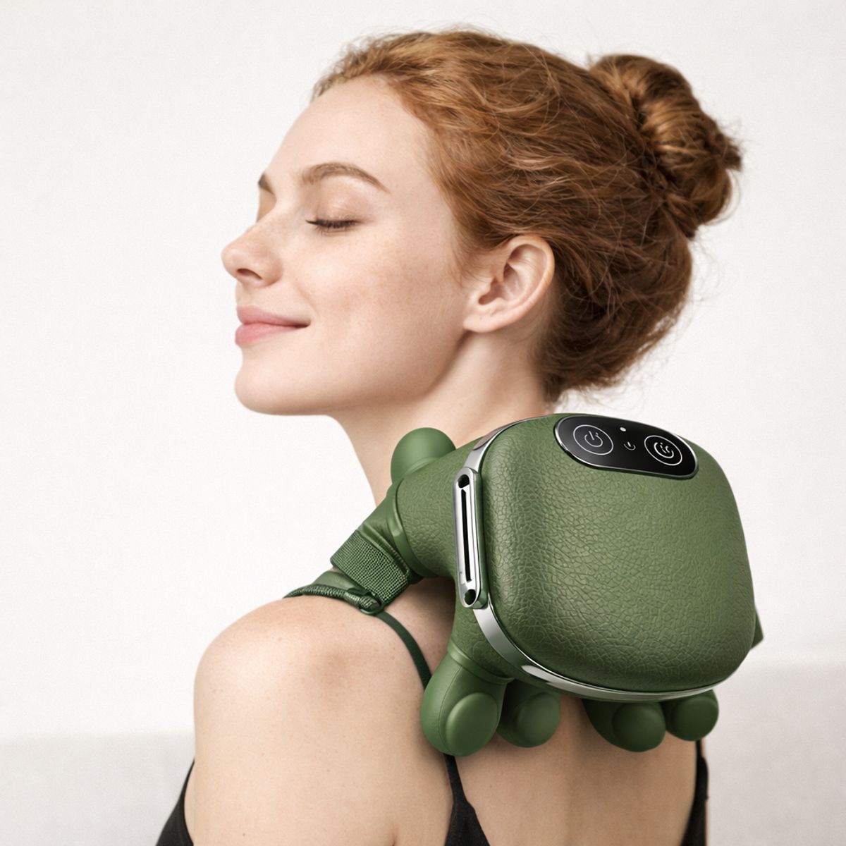 MOVI - Masajeador Eléctrico Portátil con Calor y Vibración Recargable para Cuello y Espalda Verde Oliva