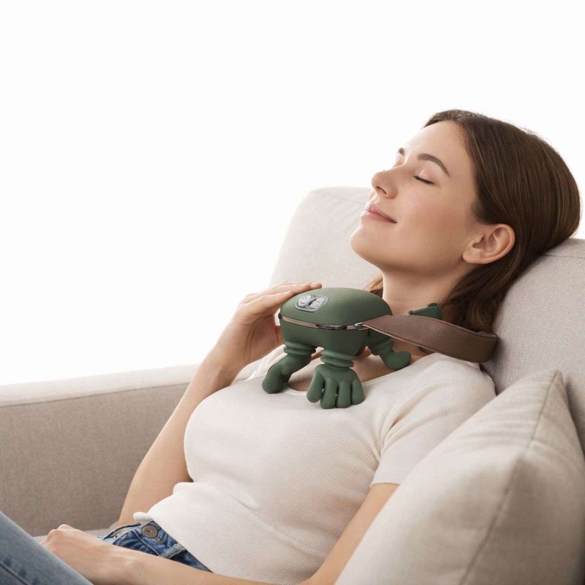 MOVI - Masajeador Eléctrico Portátil con Calor y Vibración Recargable para Cuello y Espalda Verde Oliva