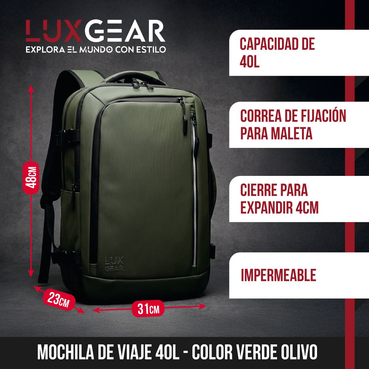 LUXGEAR - Mochila De Viaje 900D Luxgear Cabina 40 Litros Verde Olivo
