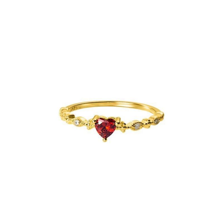 Anillo Plata 925 Bano Oro Corazon Granate Dorado 7