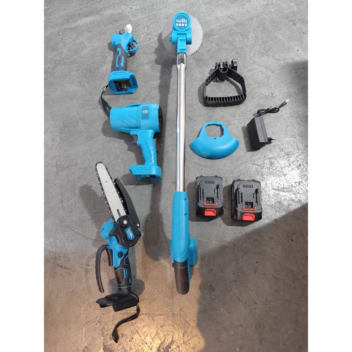 MOVI - KIT DE JARDINERIA 6 EN 1, ORILLADORA, TIJERA, MINI MOTOSIERRA, SOPLADORA,2 CORTA SETOS Y BRAZO TELESCOPICO