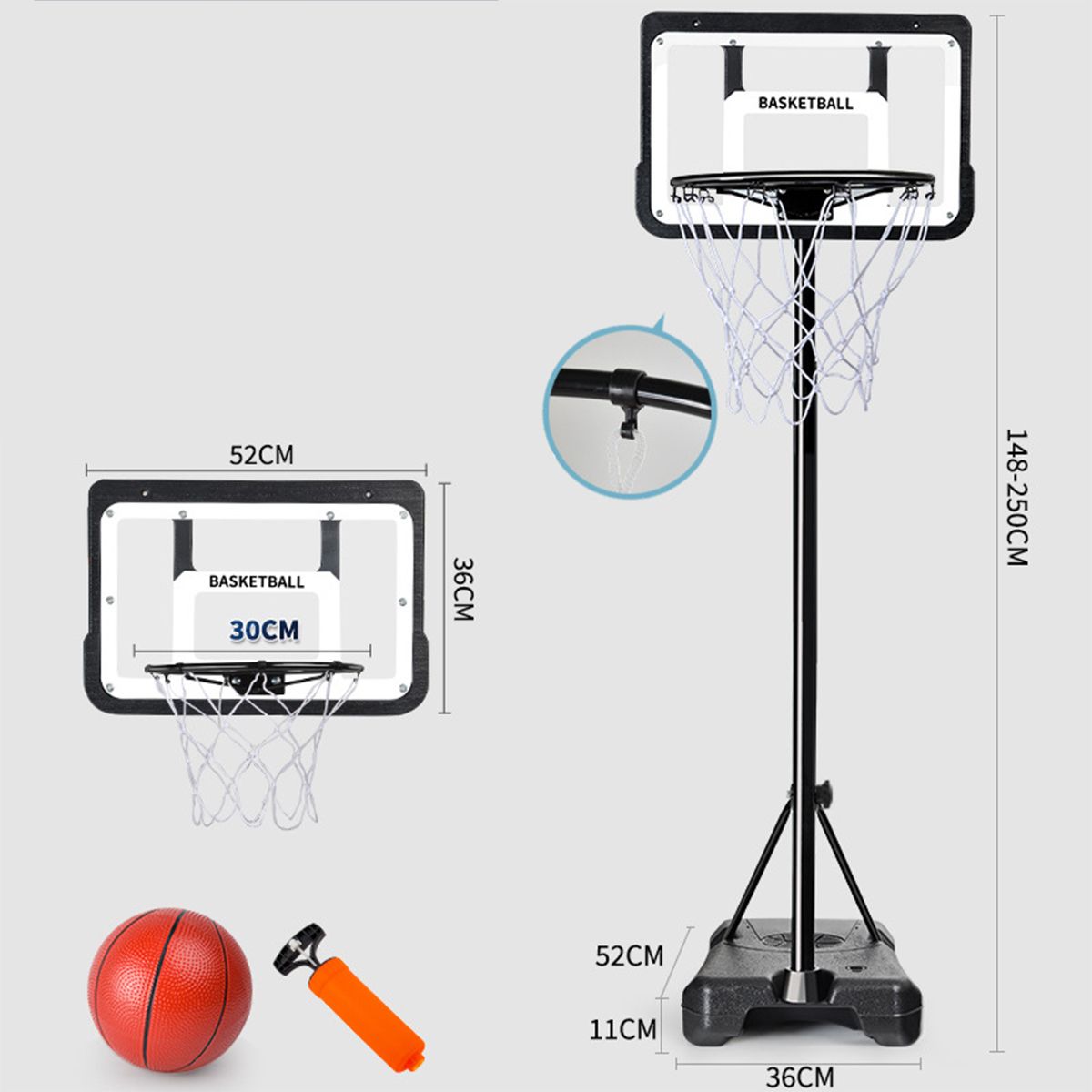 KINDA NICE - Canasta Baloncesto Tablero Ajustable Portátil Infantil 250cm