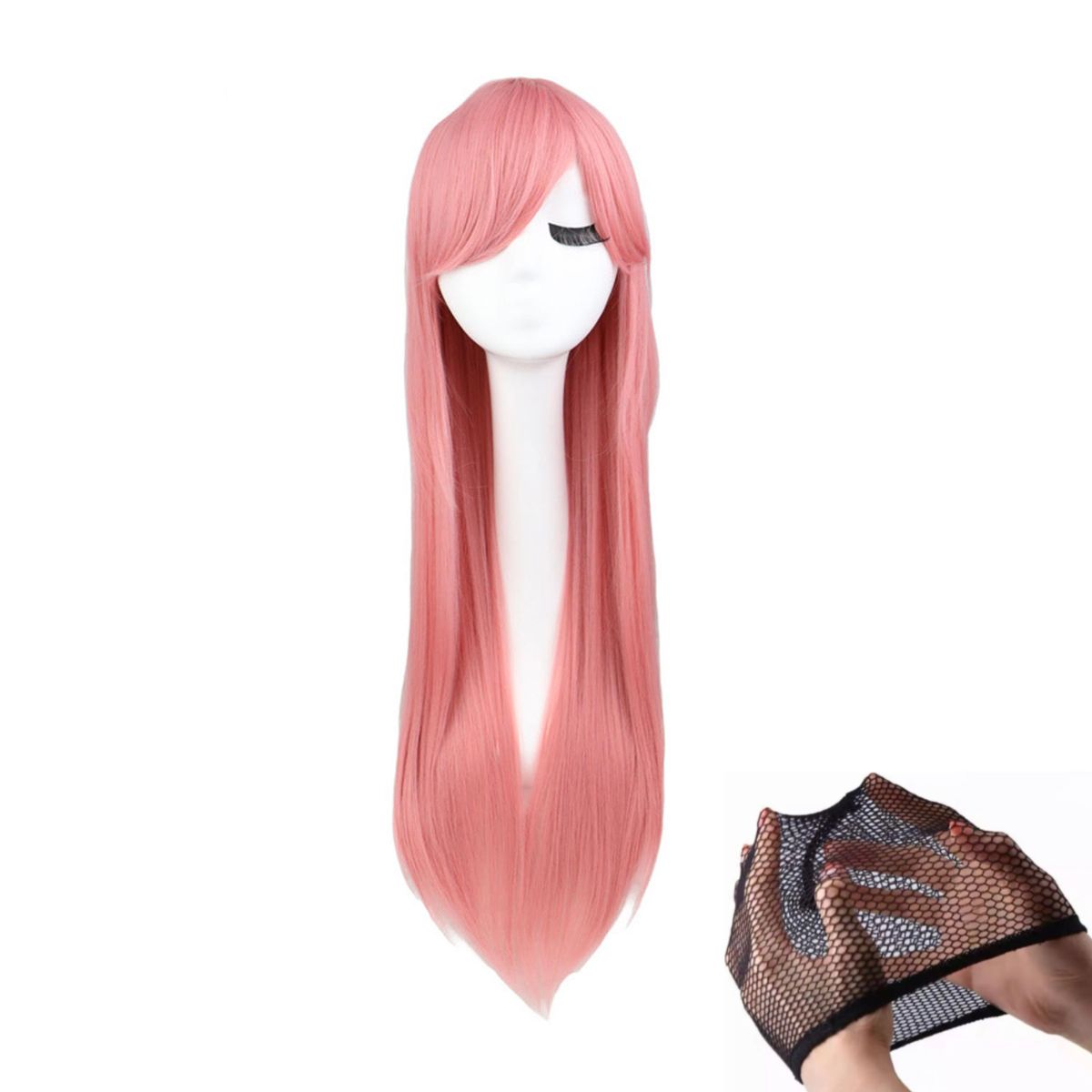 KINDA NICE - Peluca Cosplay Larga Recta Multicolor Con Redecilla 80cm Rosa