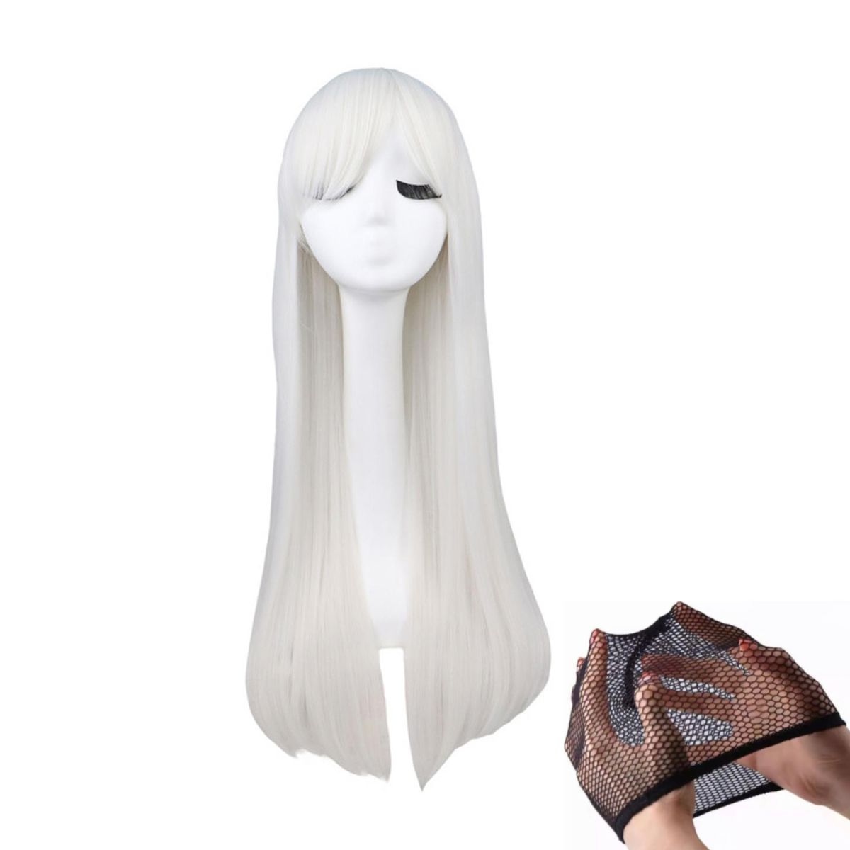 KINDA NICE - Peluca Cosplay Larga Recta Multicolor Con Redecilla 80cm Blanco