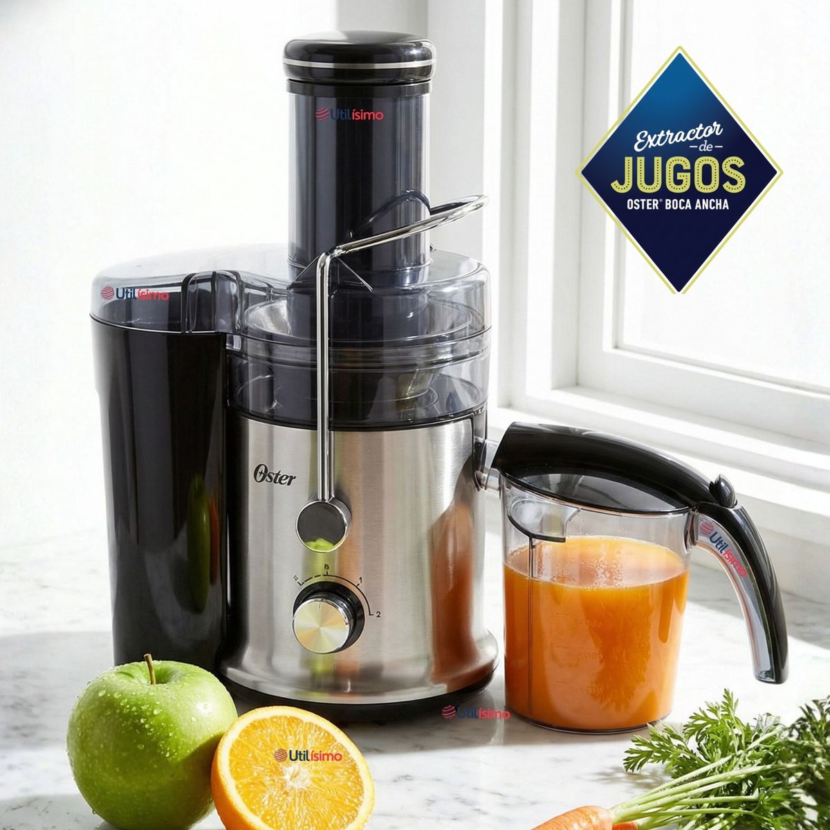 OSTER - Oster® Extractor de Jugos, con 2 Velocidades + Pulso,Fácil de Limpiar, Negro y Plateado,FPSTJE320S