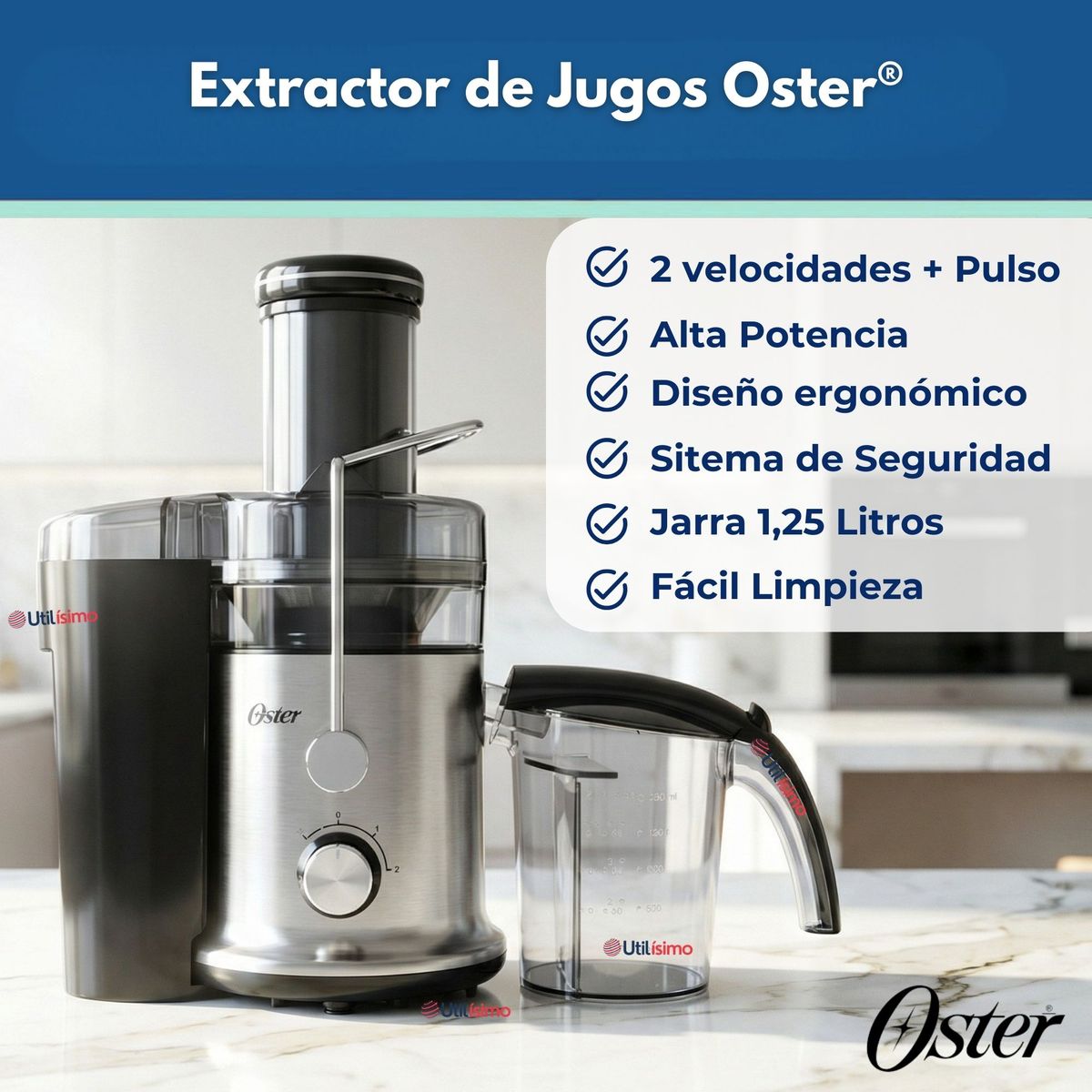 OSTER - Oster® Extractor de Jugos, con 2 Velocidades + Pulso,Fácil de Limpiar, Negro y Plateado,FPSTJE320S