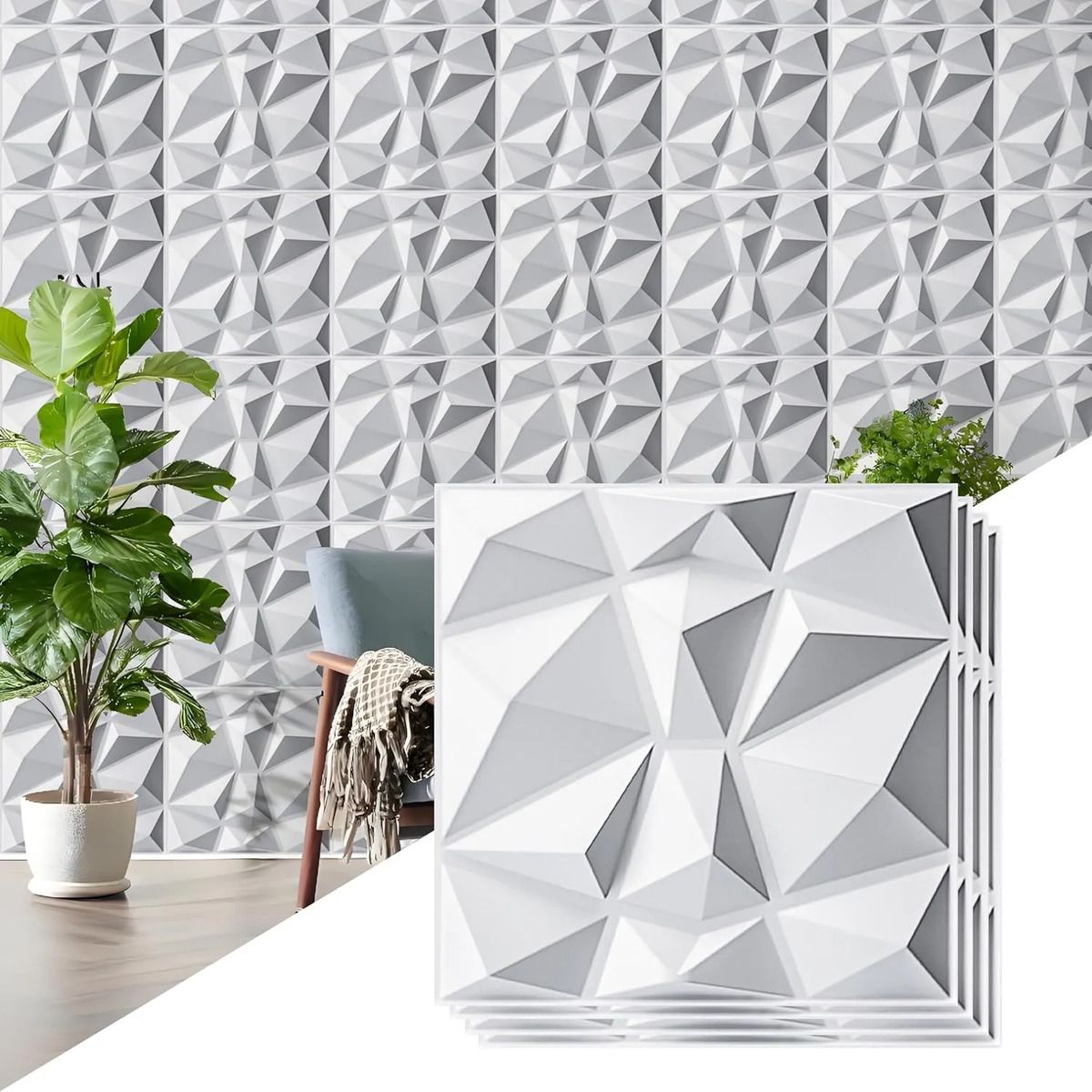 EVERSO - Pack 50 Panel Decorativo Pared 3d Pvc Diamante  30x30cm