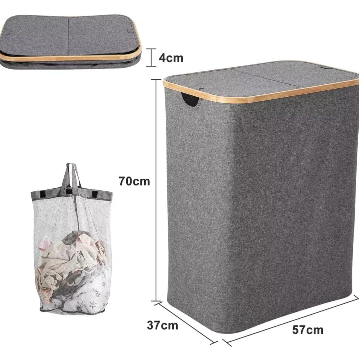 KINDA NICE - Cesto Para Ropa Sucia Plegable Con 2 Bolsas Extraíbles 150l Gris
