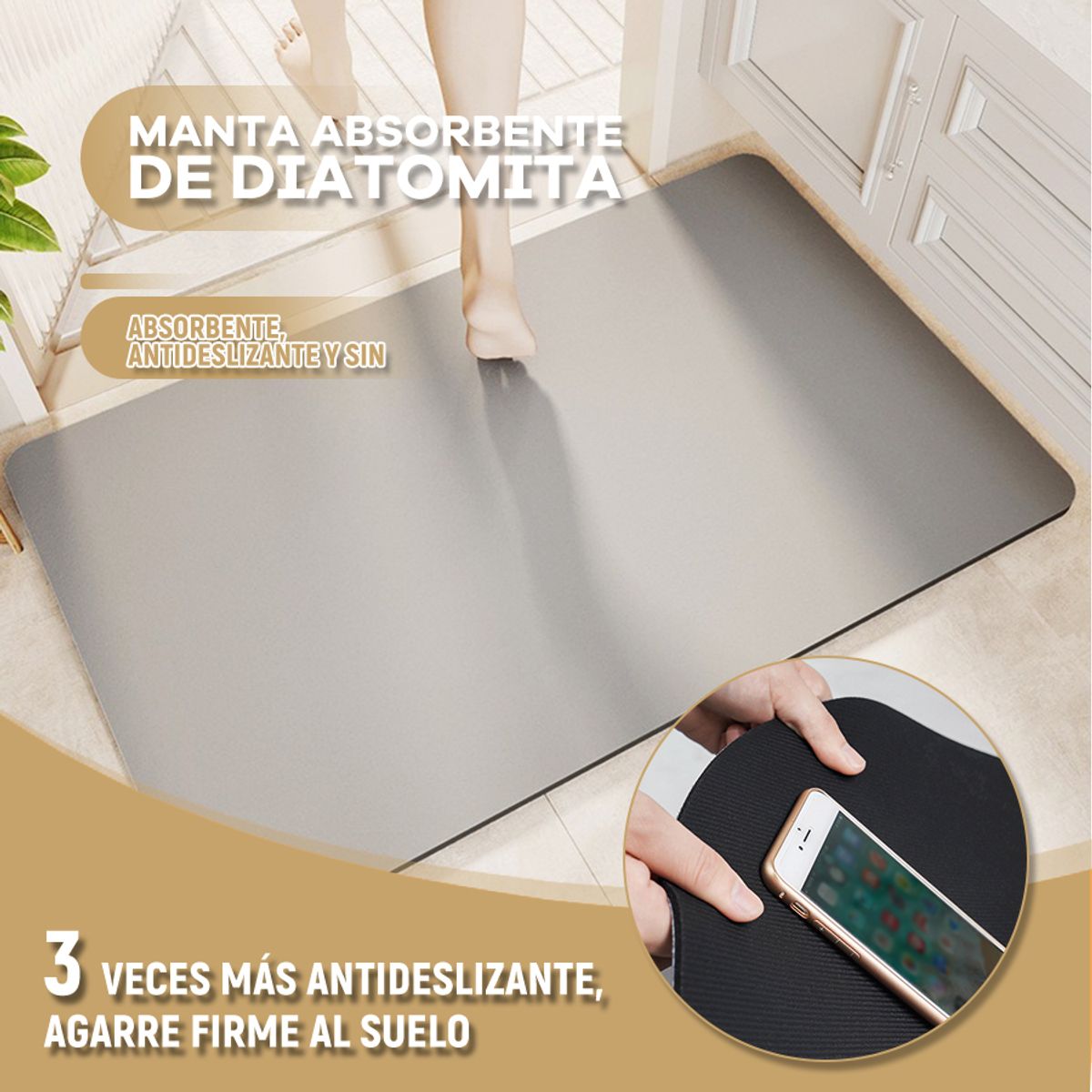 GENERICO - Alfombra Diatomeas Natural Secado Rápido Baño 4060cm Gris
