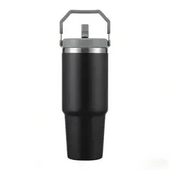 GENERICO - Vaso Térmico para Auto 900ml con Pajita Acero Inoxidable y Tapa Antiderrames-Negro