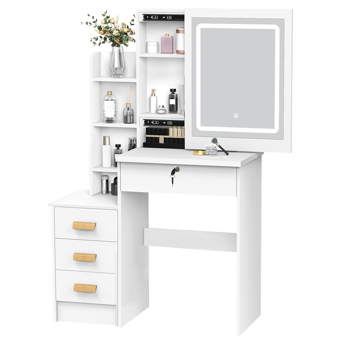 WUWAWDOGA - Tocador Maquillaje Led Con Espejo Y 4 Cajones 132x82cm Blanco