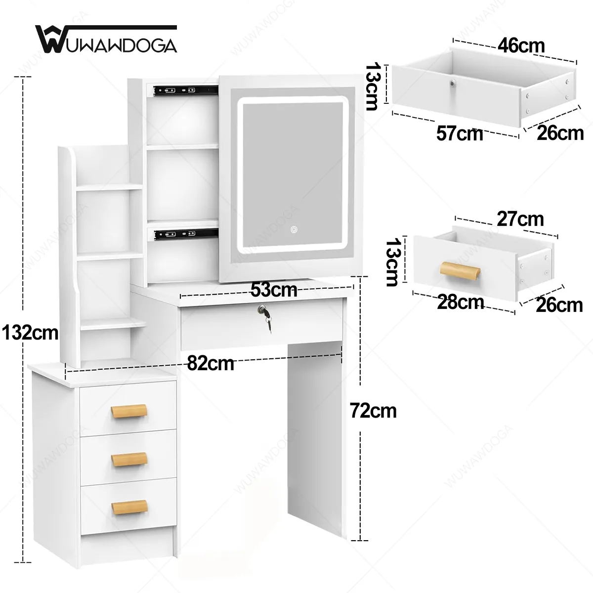 WUWAWDOGA - Tocador Maquillaje Led Con Espejo Y 4 Cajones 132x82cm Blanco