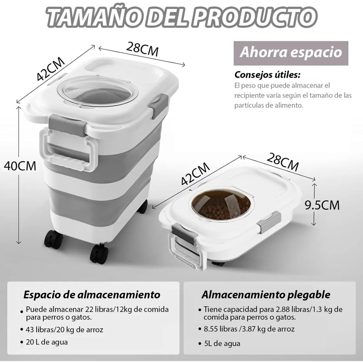 KUANGYE - Contenedor Para Alimento De Mascotas Croquetas Plegable 12kg Con Rueda