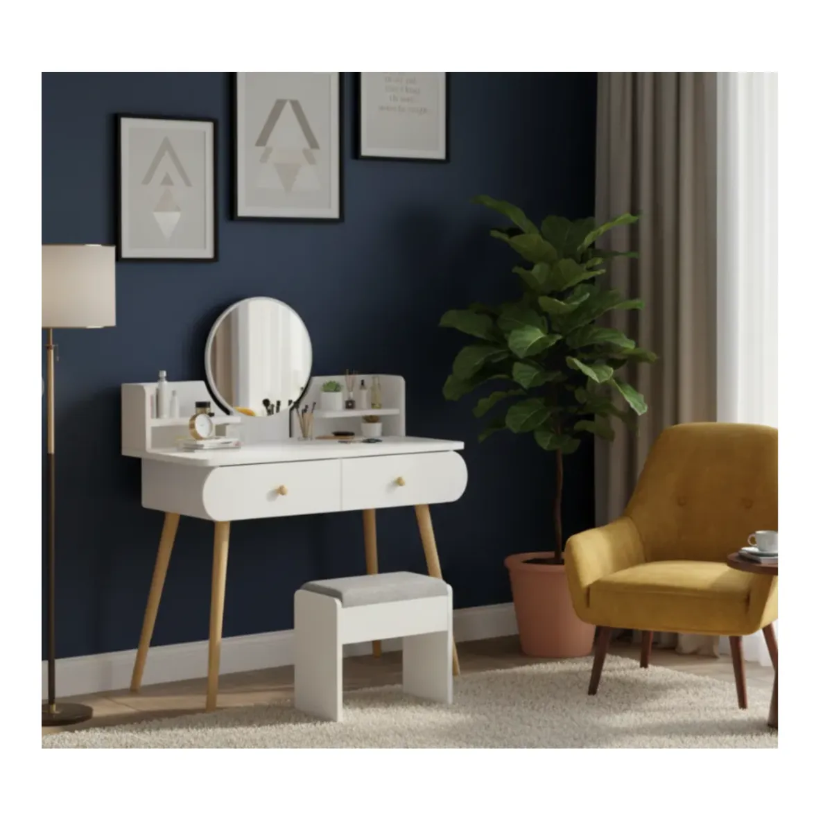 GENERICO - Tocador De Madera 2 Cajones Espejo Led Touch y  Banco