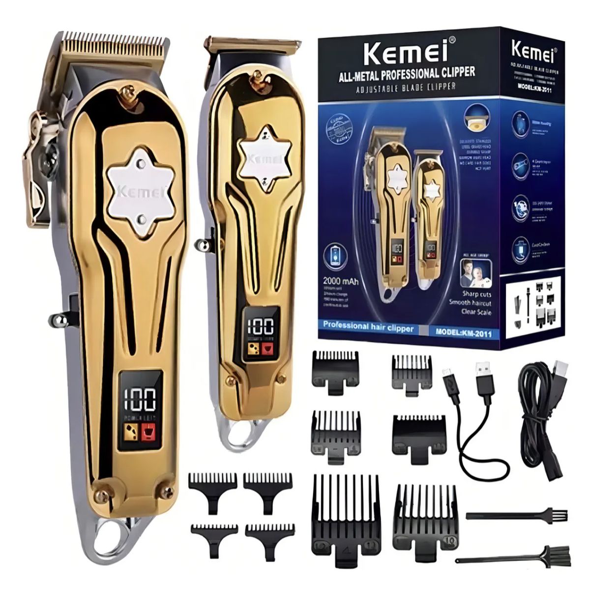 KEMEI - Máquina Cortapelo Kemei KM-2011 Dorada Metal LCD Profesional