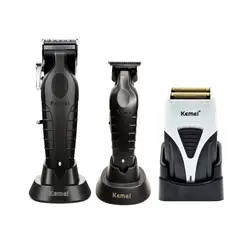 KEMEI - Barber Combo Cortapelo KM 2296 + Trimmer KM 2299 + KM 3383 con Base de Carga