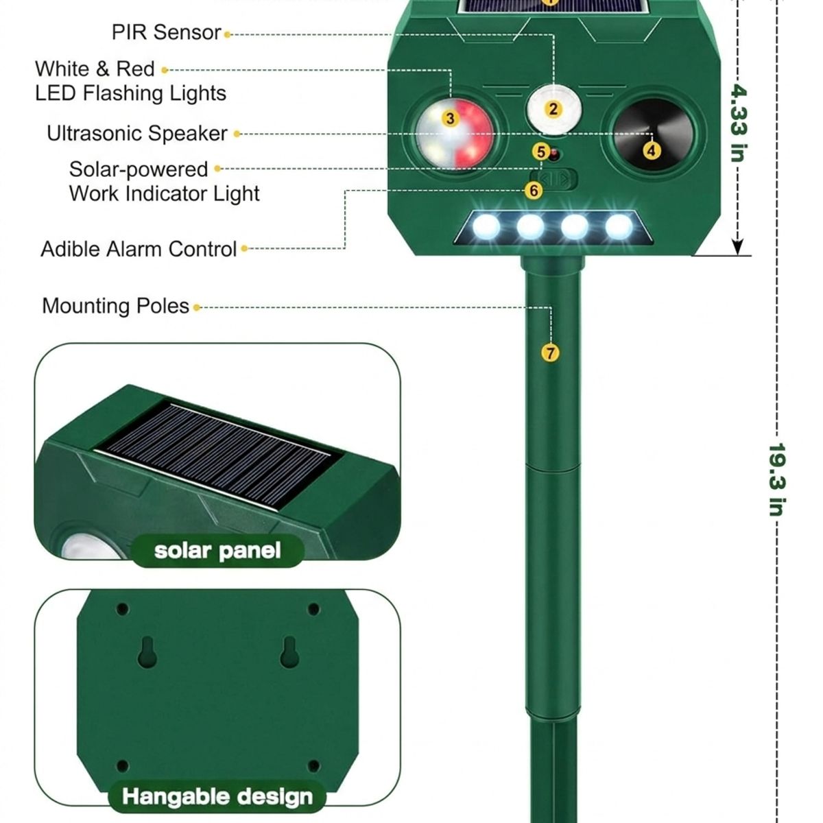 MOVI - Ahuyentador Solar Ultrasónico para Animales con Sensor de Movimiento y Luz LED  Exterior Impermeable
