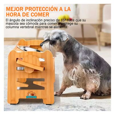 Imagen 2 del producto Comedero Bebedero Elevado Ajustable De Bambu Perros Y Gatos