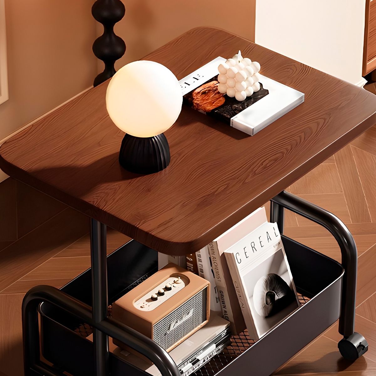 GENERICO - Mesa Mesita de Noche Velador 2 Niveles Rodante Almacenamiento Tablero Madera Negro