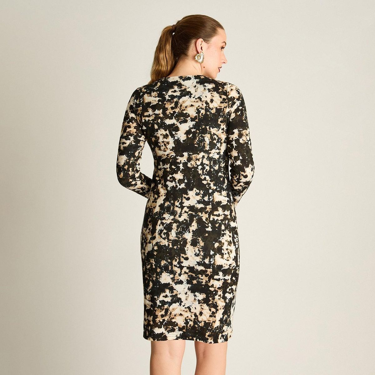 LORENZO DI PONTTI - Vestido Midi Negro de Lanilla Estampado Manga Larga