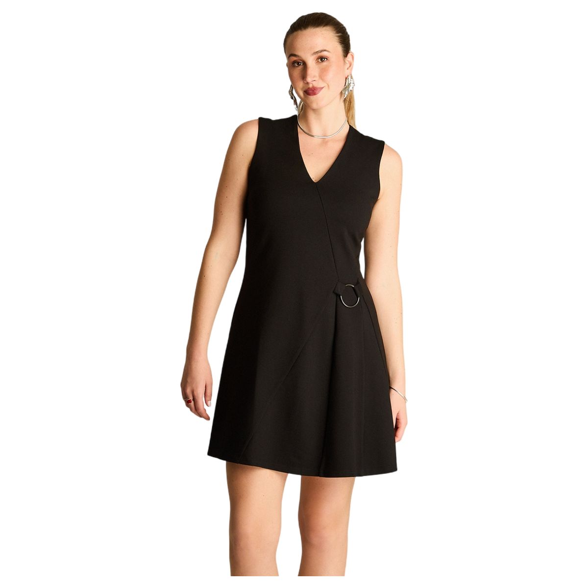 LORENZO DI PONTTI - Vestido Corto Negro Sin Mangas con Escote V y Argolla