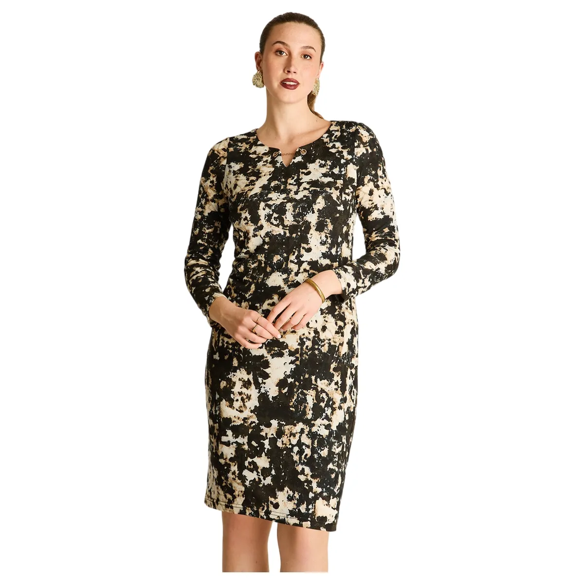LORENZO DI PONTTI - Vestido Midi Negro de Lanilla Estampado Manga Larga