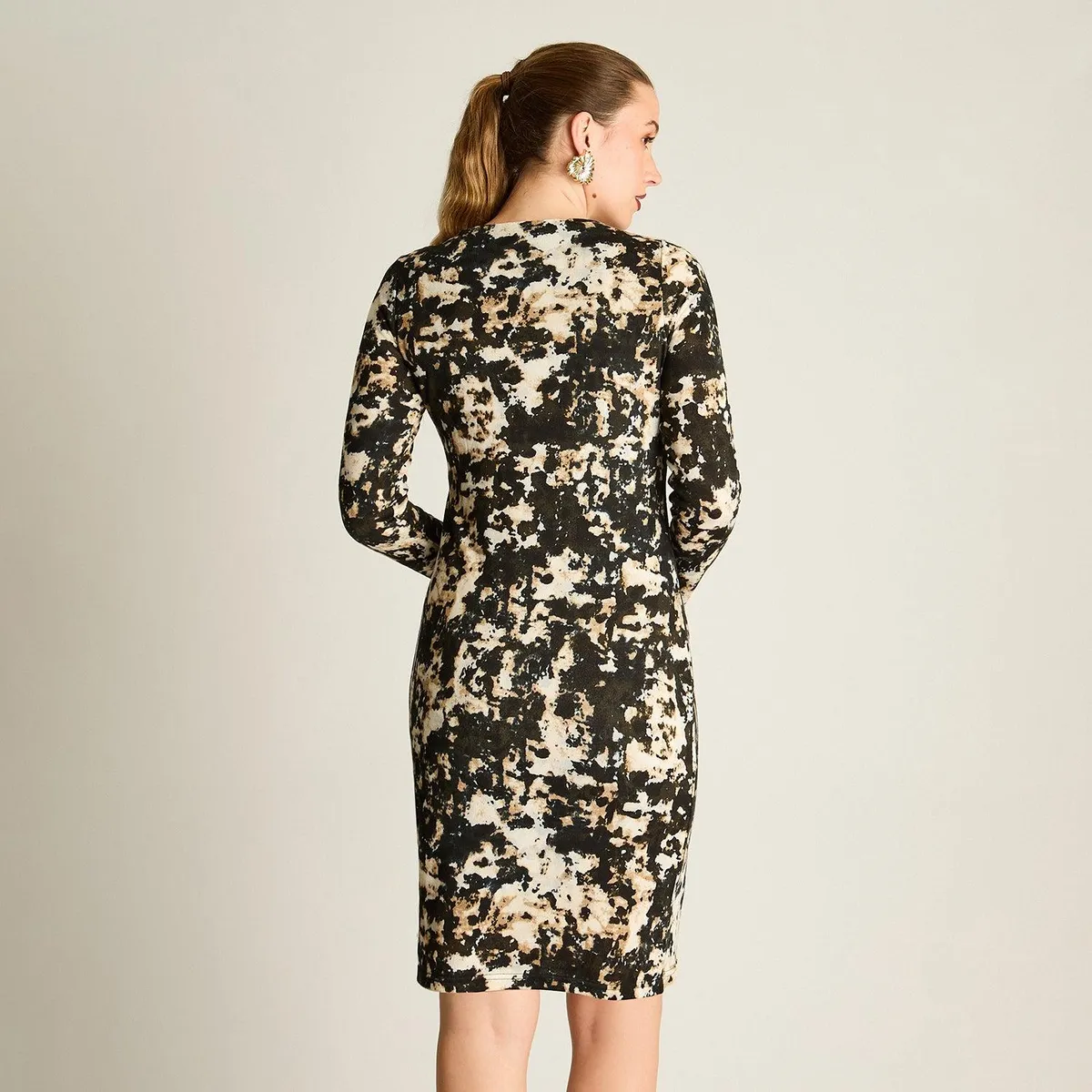 LORENZO DI PONTTI - Vestido Midi Negro de Lanilla Estampado Manga Larga