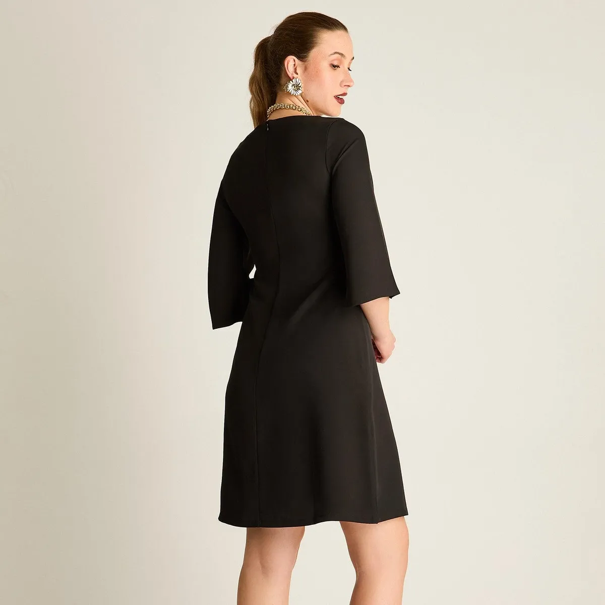 LORENZO DI PONTTI - Vestido Midi Negro Manga 3/4 Clásico