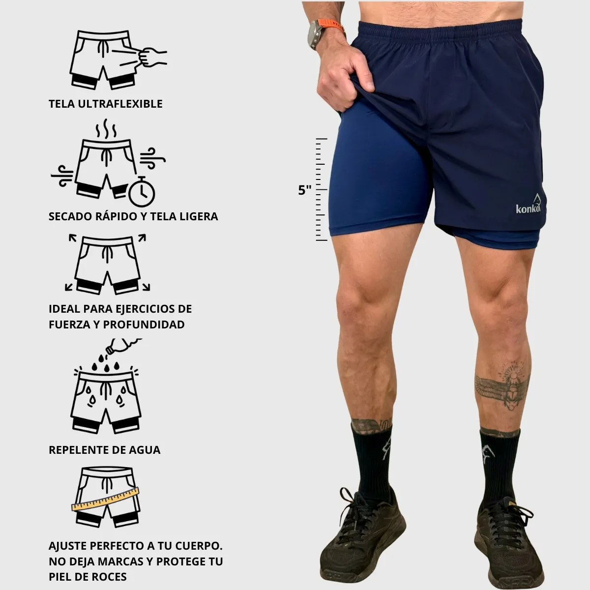 KONKO ACTIVE - Short Deportivo Hombre Con Calza 2 en 1 Hyperflex Blue Azul Konko