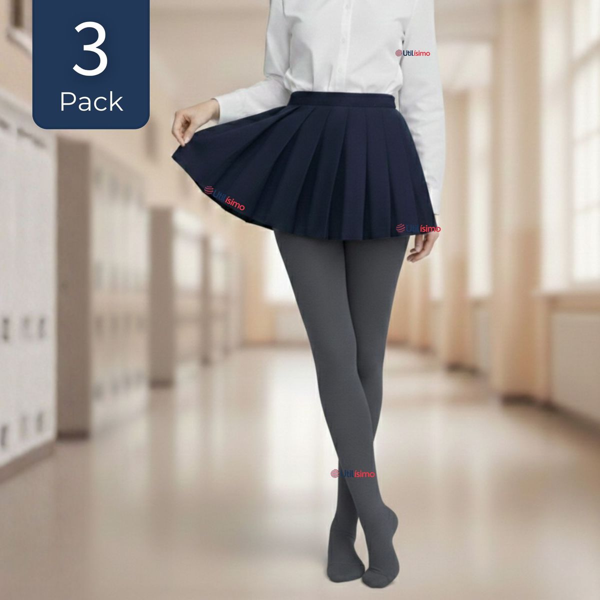 UTILISIMO - Pack 3 Ballerinas Elasticadas Escolares Niña Algodón Gris