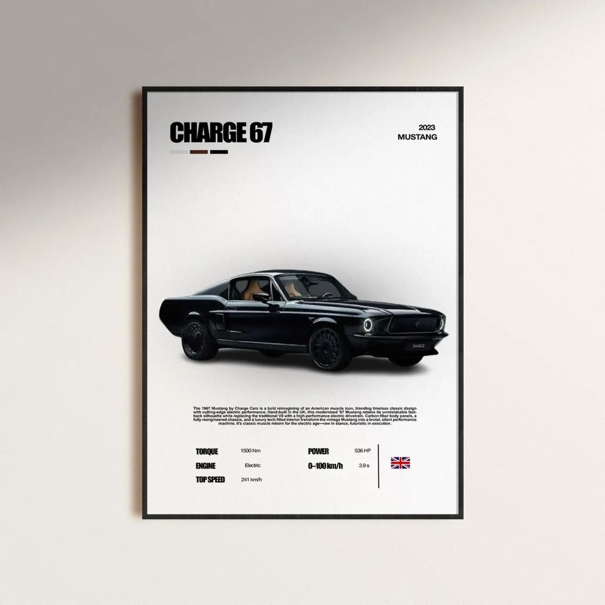 GENERICO - Cuadro Auto Ford Mustang Charge 1967 Blanco + Marco Negro