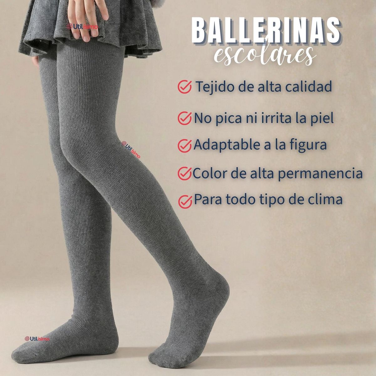 UTILISIMO - Pack 6 Ballerinas Elasticadas Escolares Niña Algodón Gris