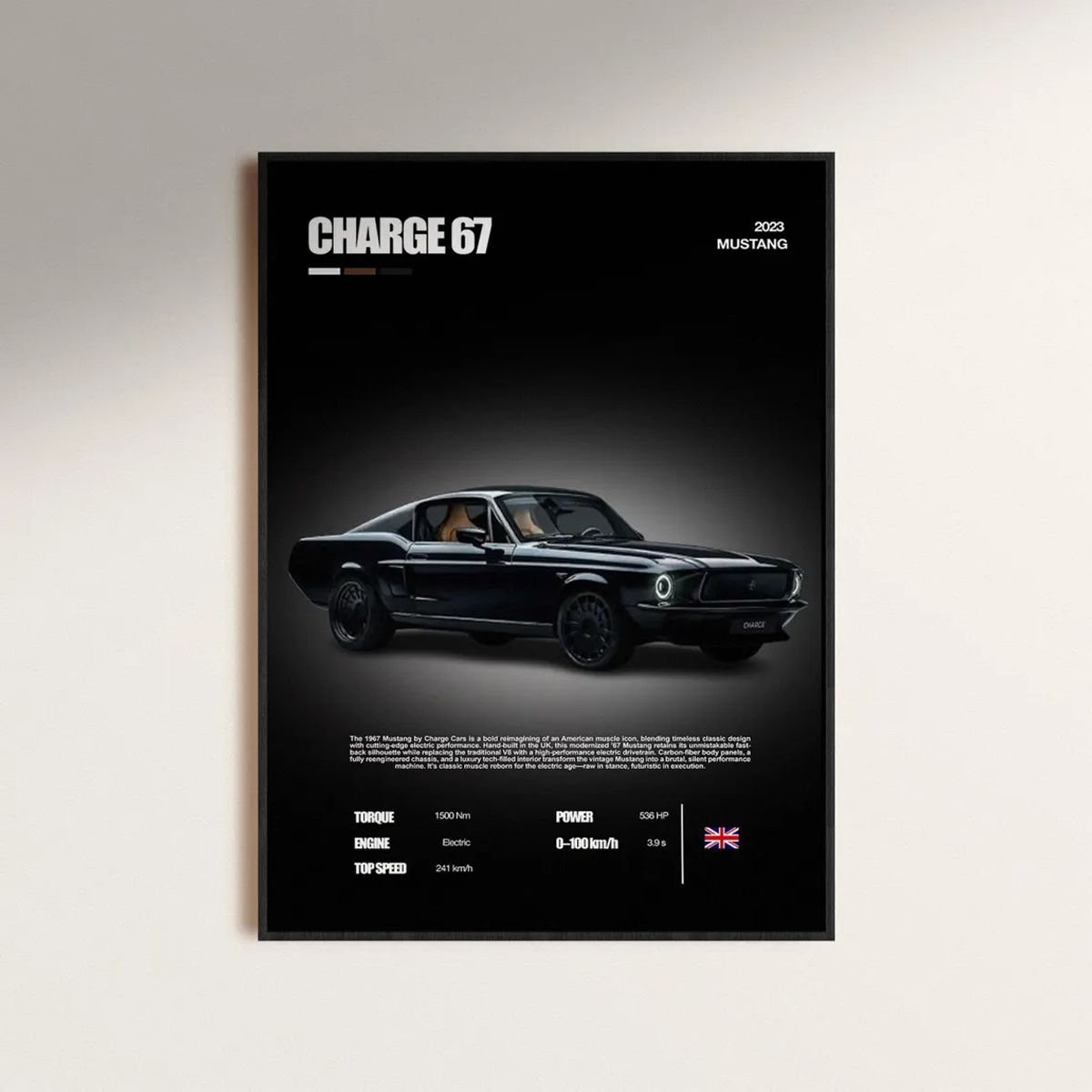 GENERICO - Cuadro Auto Ford Mustang Charge 1967 Negro + Marco Negro