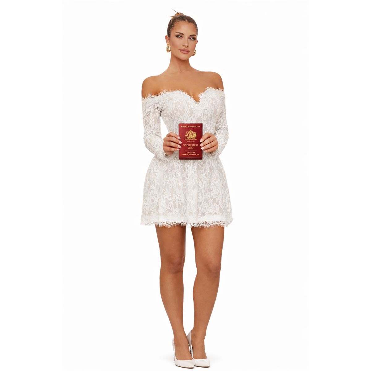 COMPUTECH - Vestido Blanco Matrimonio Boda Civil Elegante Corto Encaje Talla M
