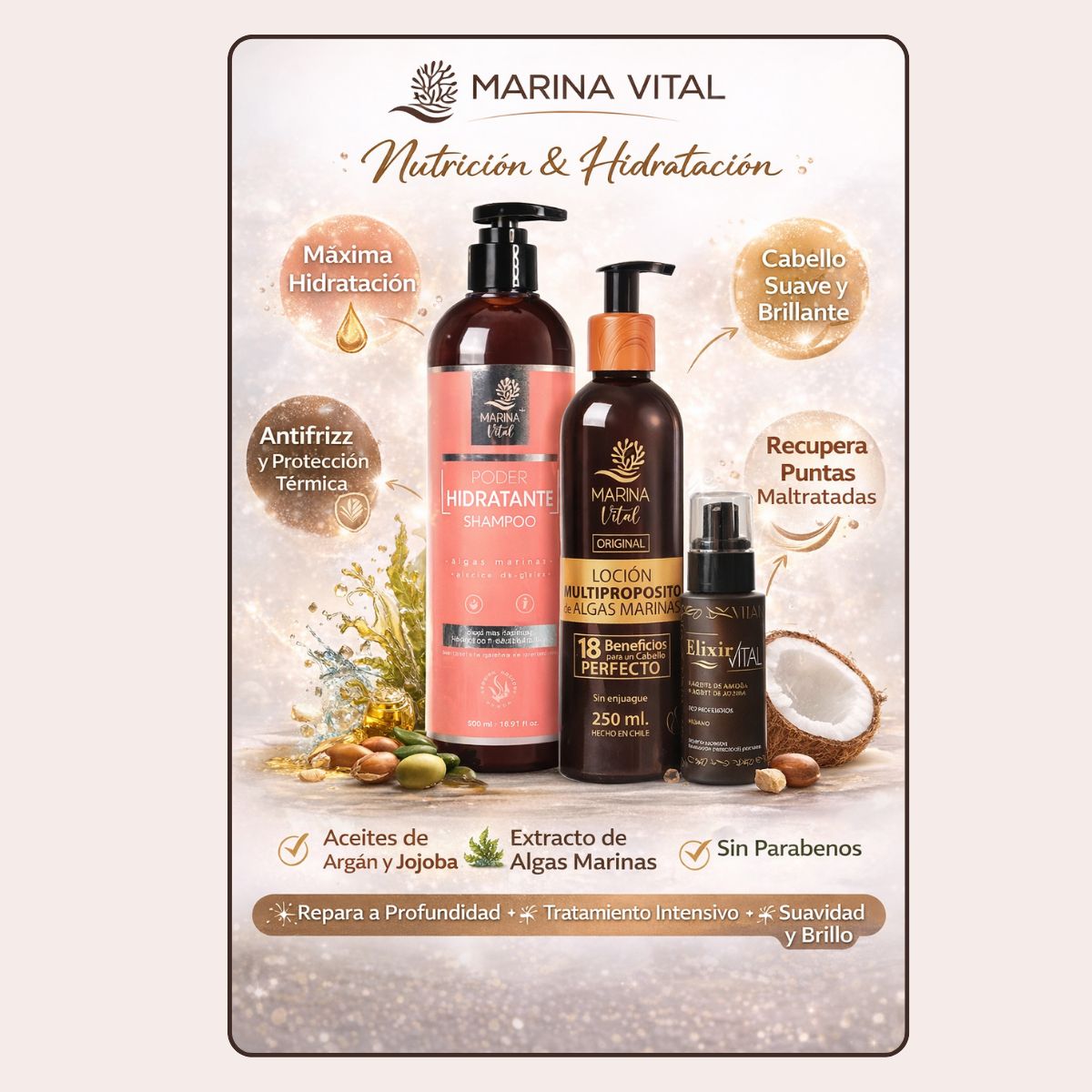 MARINA VITAL - Shampoo Poder Hidratante 500ml+Locion Multi 250ml+Serum 60ml