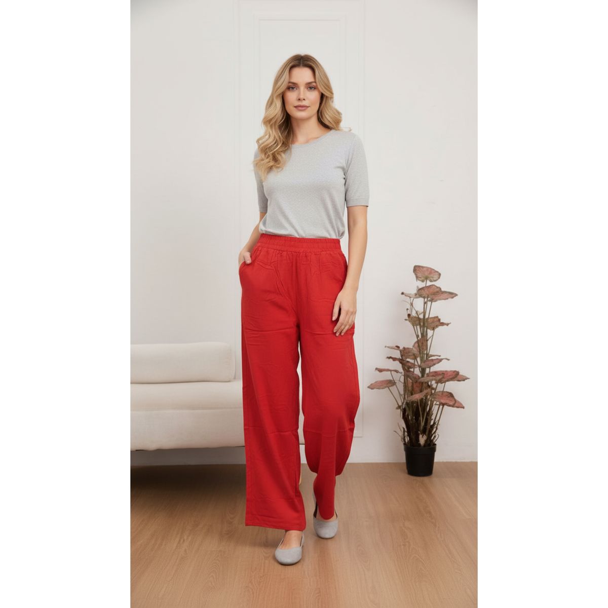 LIKE SHOP - Pantalón Palazzo Mujer Liviano Recto Pretina Alta Primavera Verano 8303