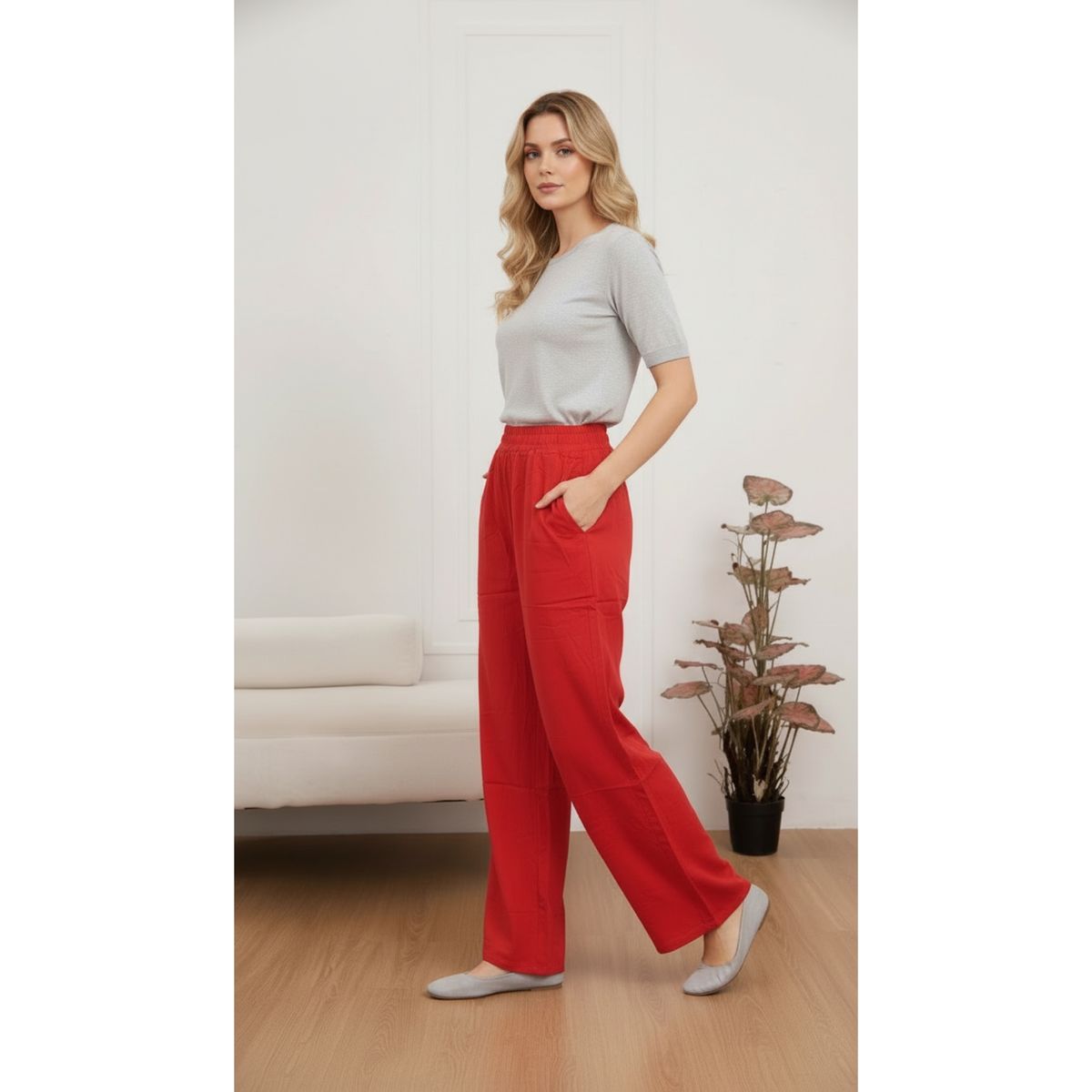 LIKE SHOP - Pantalón Palazzo Mujer Liviano Recto Pretina Alta Primavera Verano 8303
