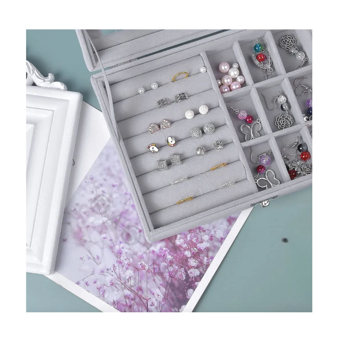 GENERICO - Joyero Organizador de Terciopelo con Tapa de Vidrio  Caja para Anillos y Joyas
