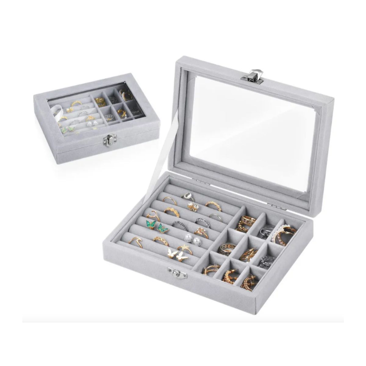 GENERICO - Joyero Organizador de Terciopelo con Tapa de Vidrio  Caja para Anillos y Joyas