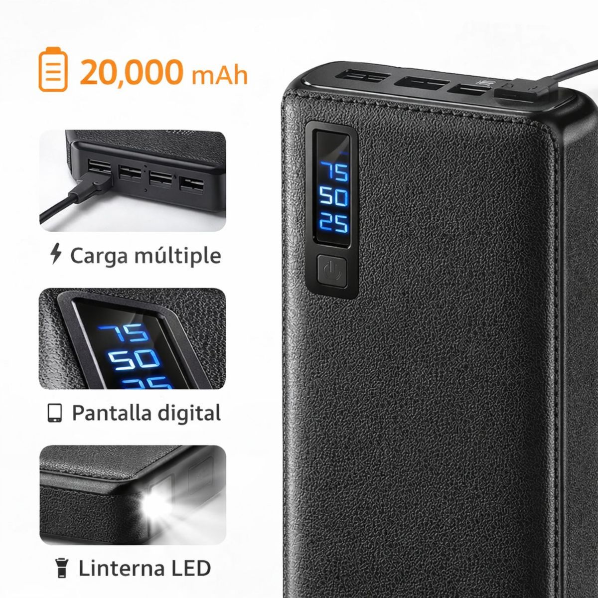 MOVI - PowerBank 20.000 mAh con 3 Salidas USB y Linterna Led - Mantente siempre conectado sin enchufes