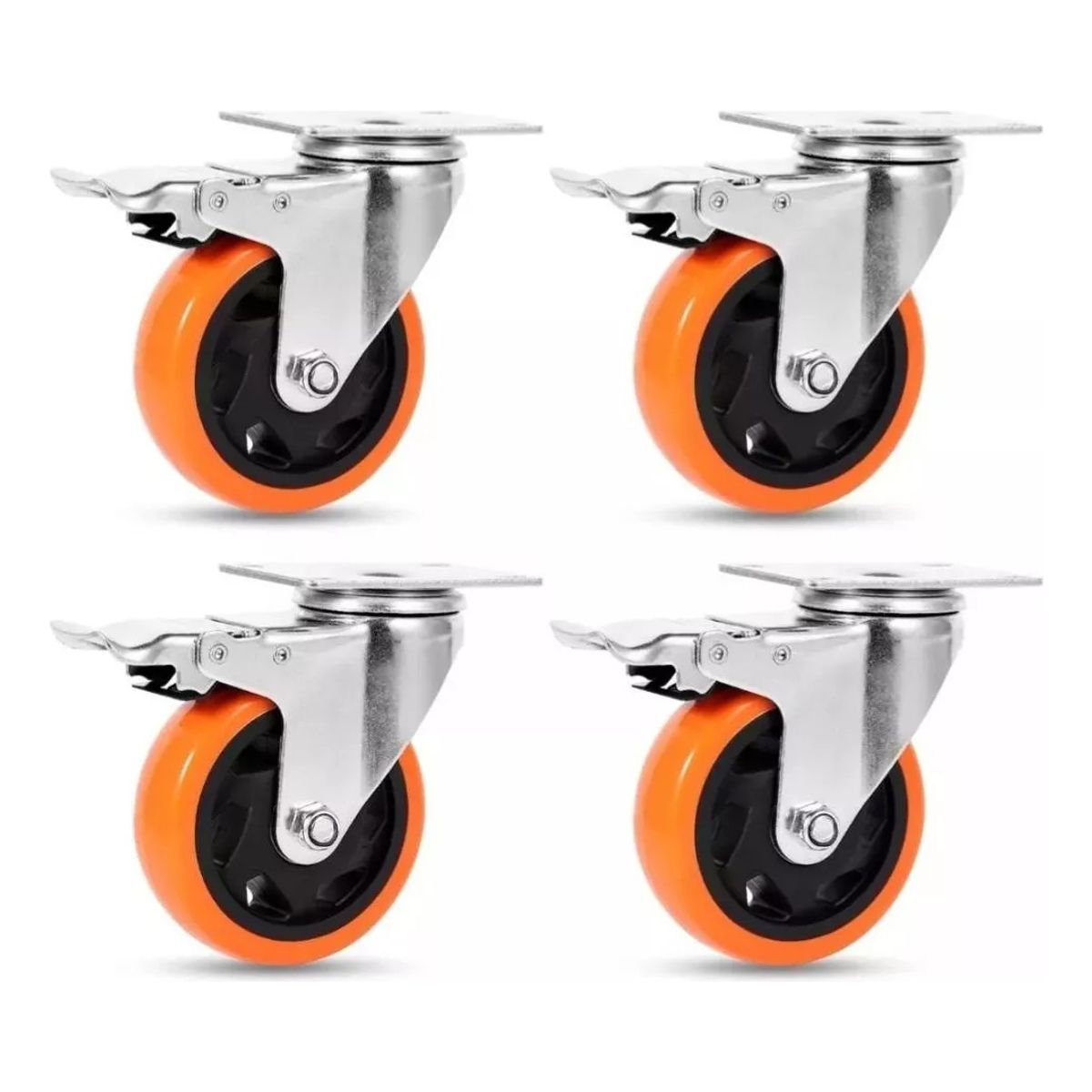 GENERICO - Pack 4 Ruedas Industriales De 4 Pulgadas Con Freno Doble Rod Naranja - 329006