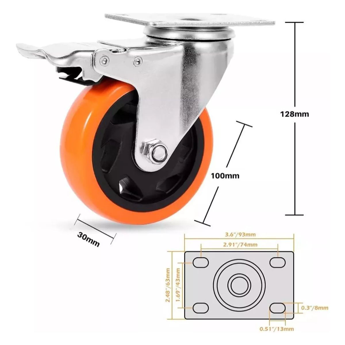 GENERICO - Pack 2 Ruedas Para Carros Muebles Frenos 4 Pulgadas 300 Kg Naranja - 329006