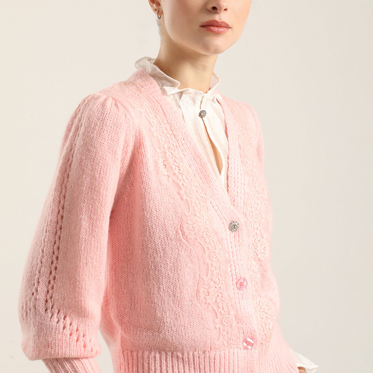 LIOLA - Cardigan Punto Aplicacion Encaje, Rosa Liola
