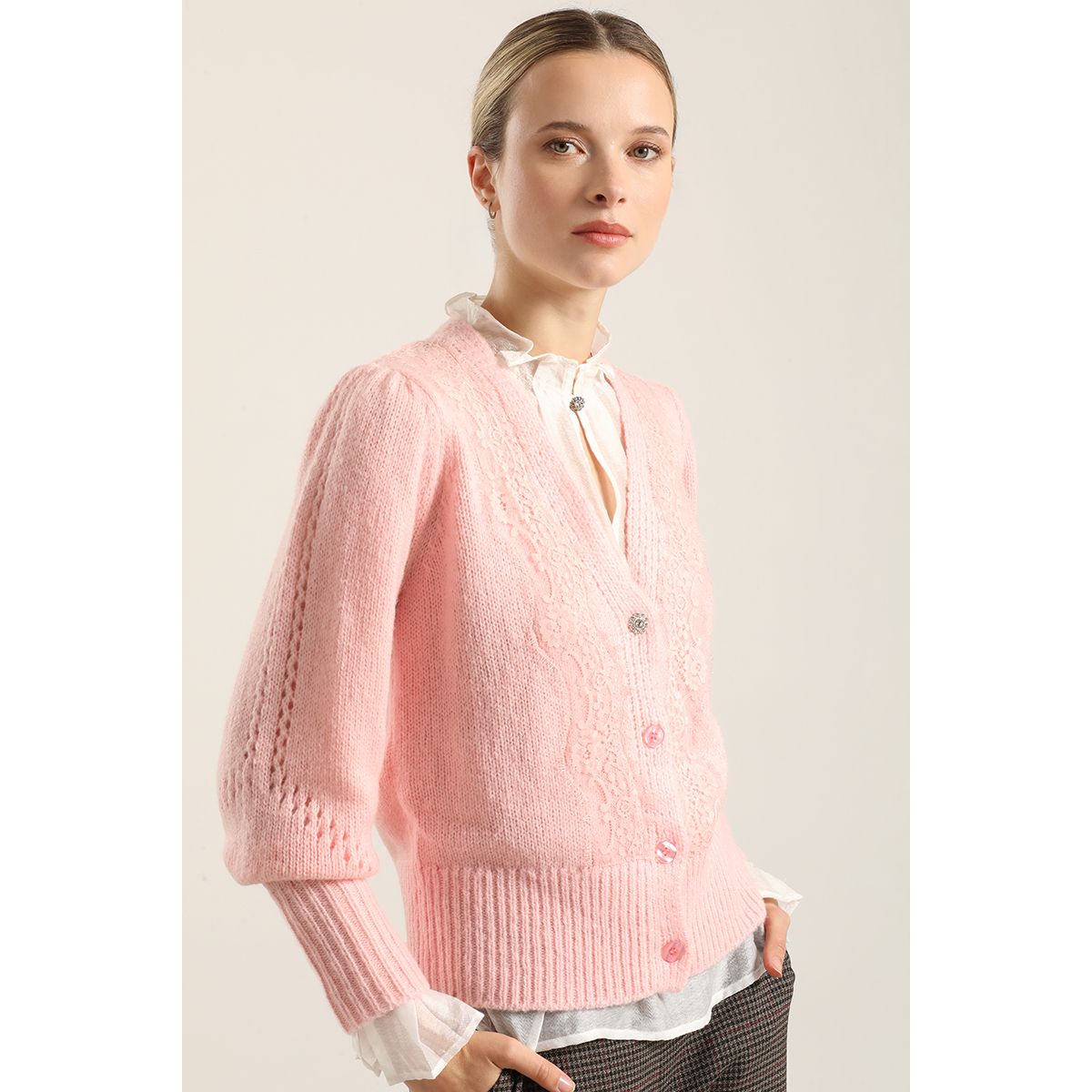 LIOLA - Cardigan Punto Aplicacion Encaje, Rosa Liola