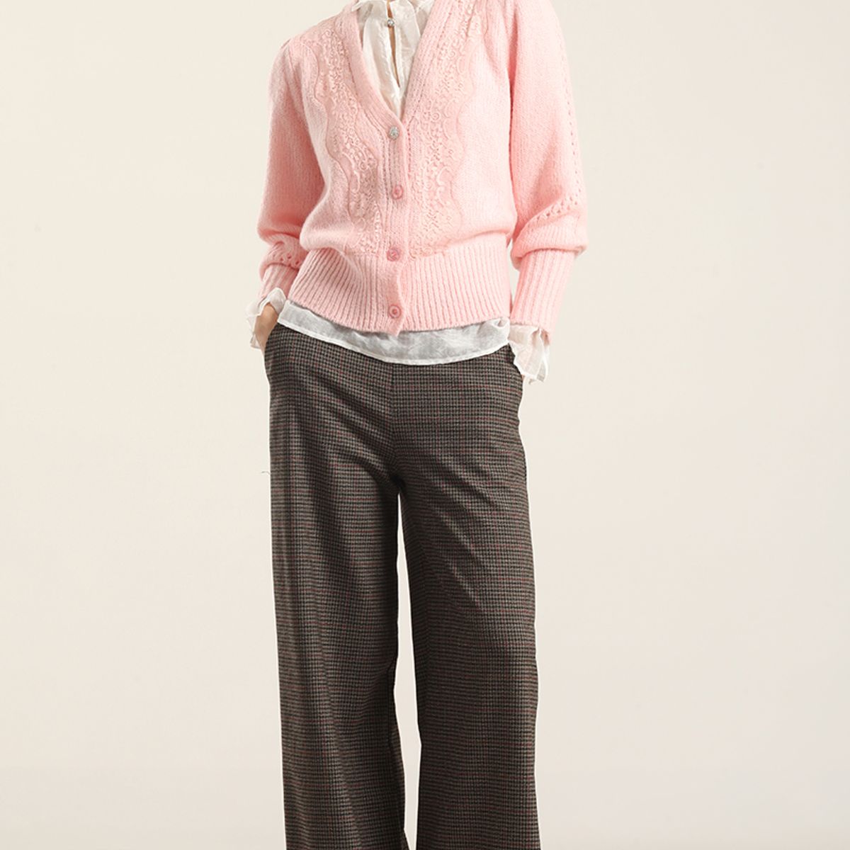 LIOLA - Cardigan Punto Aplicacion Encaje, Rosa Liola