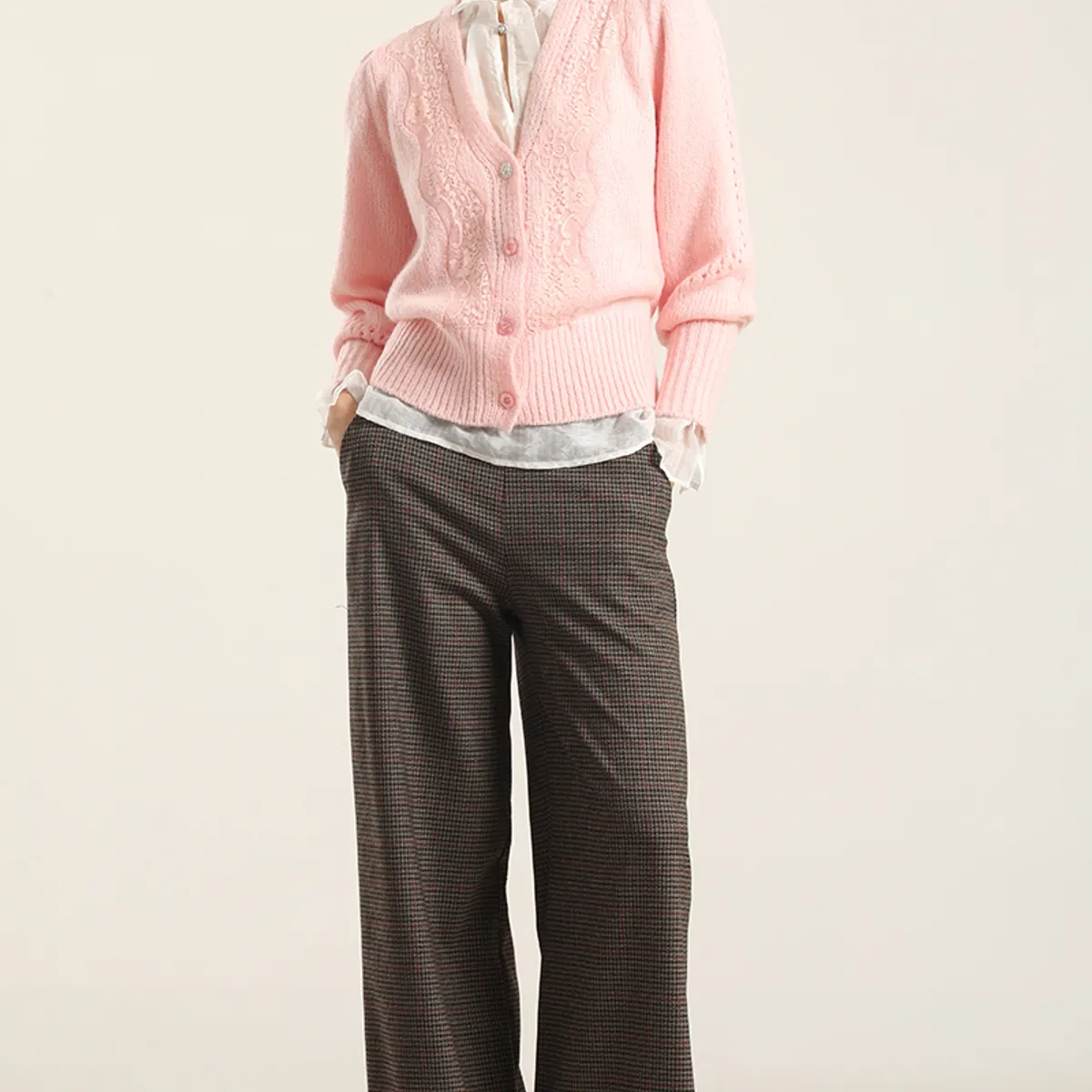LIOLA - Cardigan Punto Aplicacion Encaje, Rosa Liola